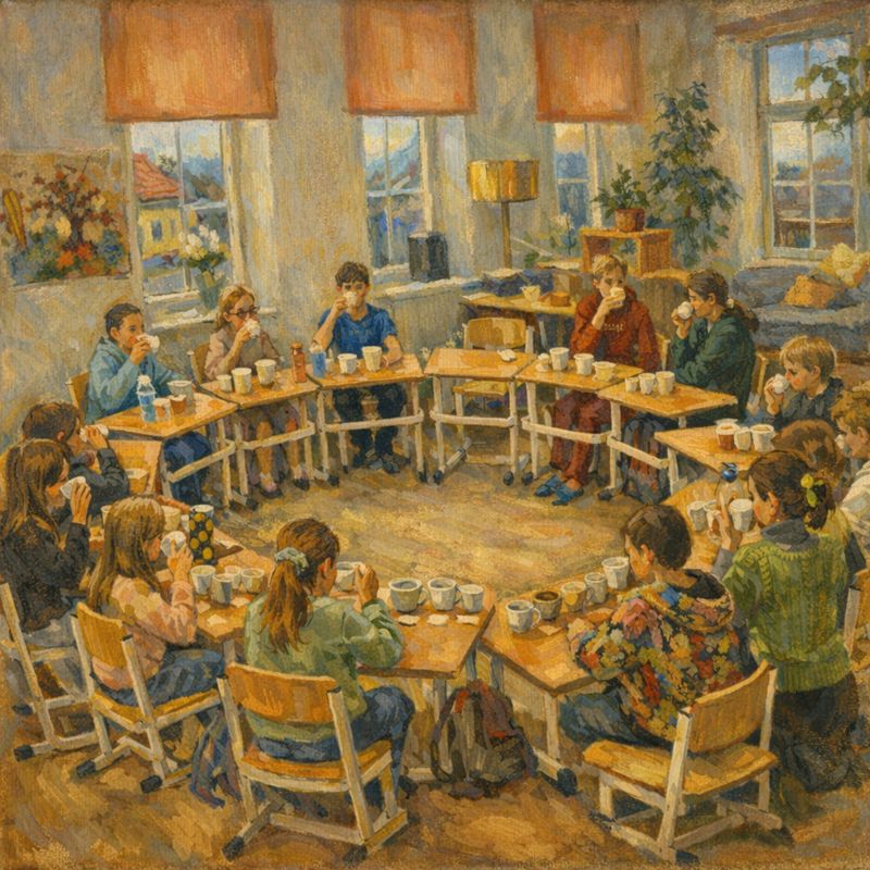 Active Learning - Základní škola s aktivním přístupem k učení v Praze Děti ze základní školy Active Learning sedí v kruhu u stolků v útulné učebně zalité sluncem - společné učení, diskuze a aktivní výuka